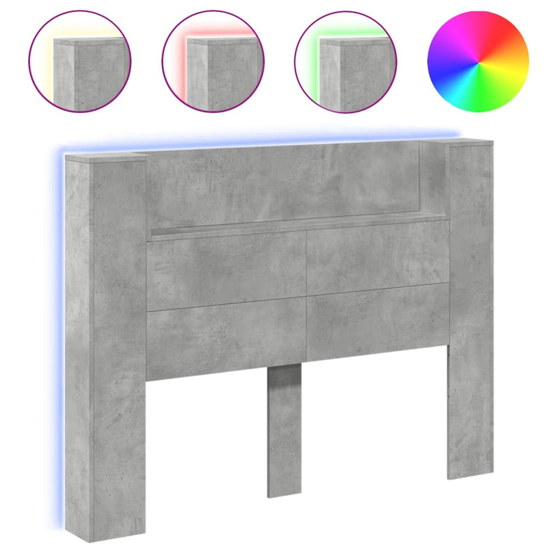 Headboard Cabinet with LED Concrete Grey 140x16.5x103.5 cm