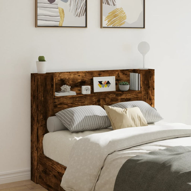 Headboard Cabinet with LED Smoked Oak 140x16.5x103.5 cm