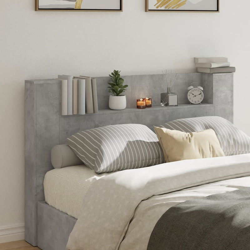 Headboard Cabinet with LED Concrete Grey 160x16.5x103.5 cm