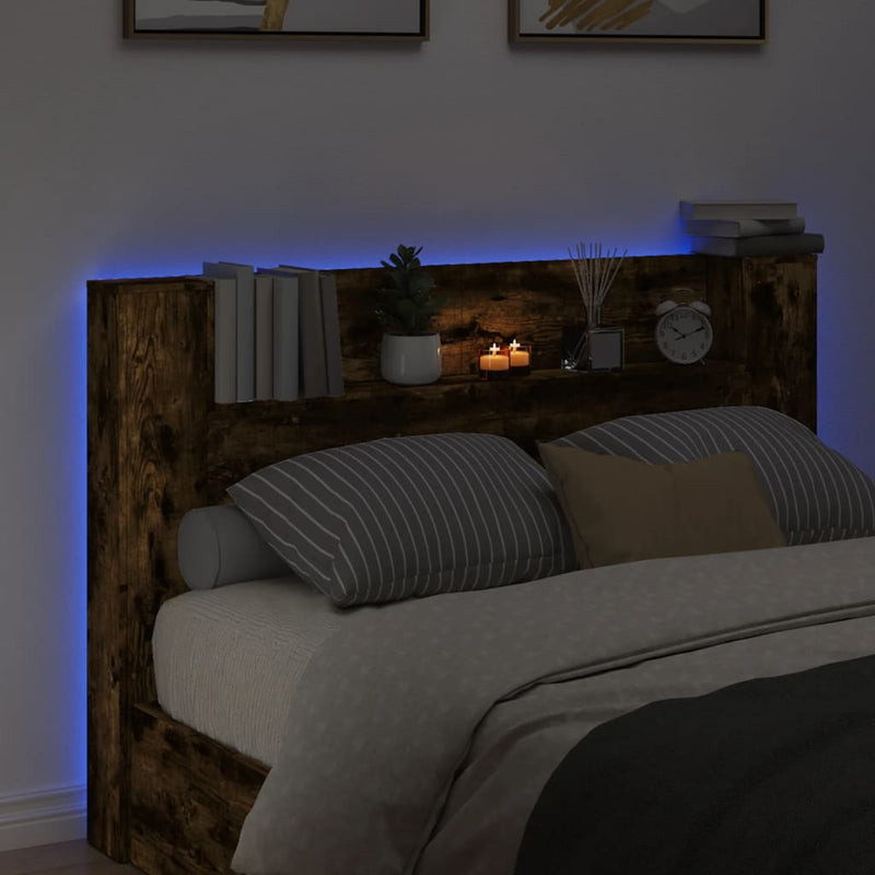 Headboard Cabinet with LED Smoked Oak 160x16.5x103.5 cm