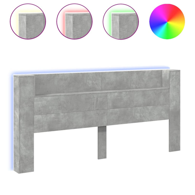 Headboard Cabinet with LED Concrete Grey 220x16.5x103.5 cm