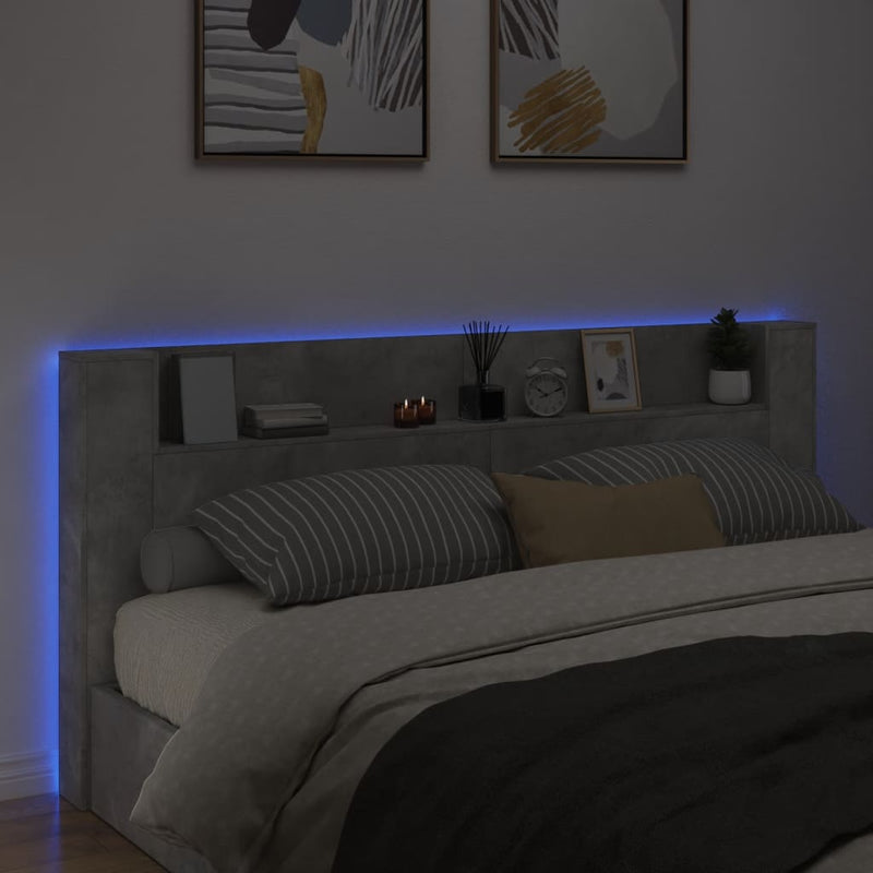 Headboard Cabinet with LED Concrete Grey 220x16.5x103.5 cm