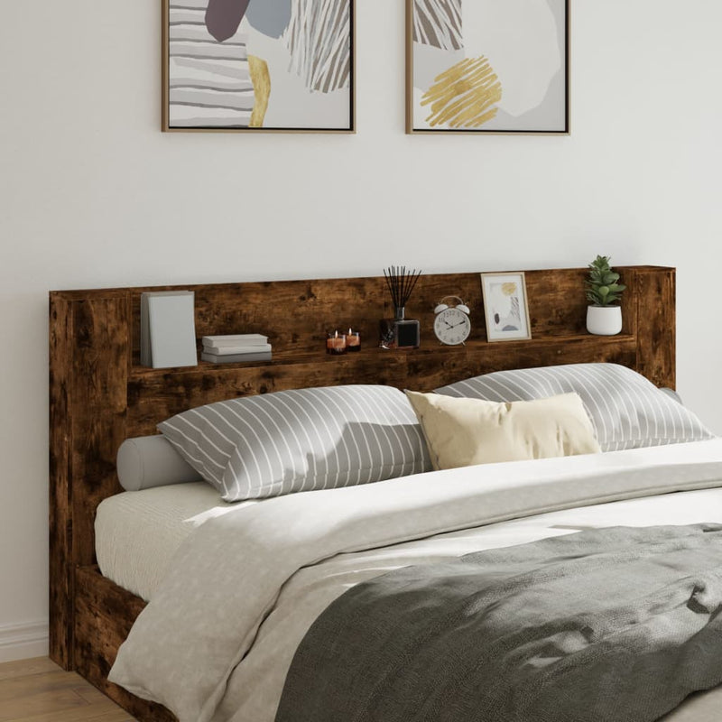 Headboard Cabinet with LED Smoked Oak 220x16.5x103.5 cm