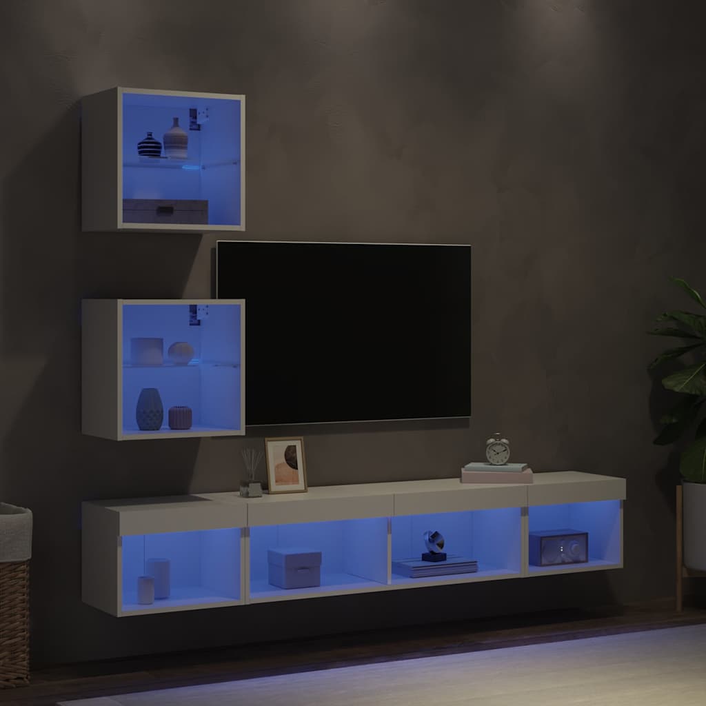 5 Piece TV Wall Units with LED Engineered Wood White