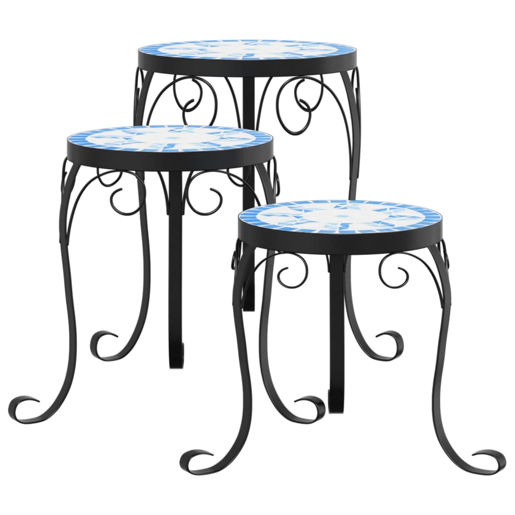 vidaXL Plant Stand | Set of 3 | Blue and White | Powder-coated iron and ceramic 2