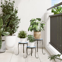 vidaXL Plant Stand | Set of 3 | Blue and White | Powder-coated iron and ceramic 3