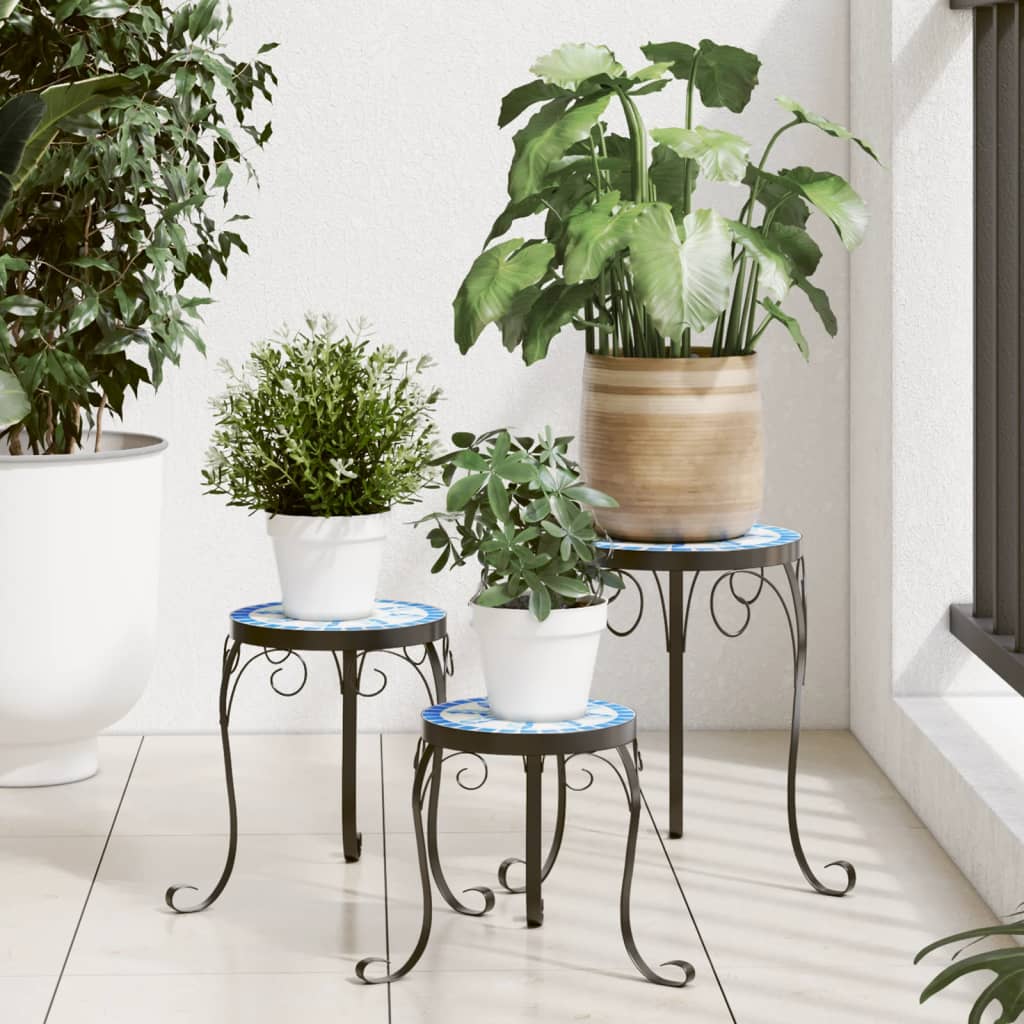 vidaXL Plant Stand | Set of 3 | Blue and White | Powder-coated iron and ceramic 1