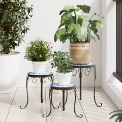 vidaXL Plant Stand | Set of 3 | Blue and White | Powder-coated iron and ceramic 1