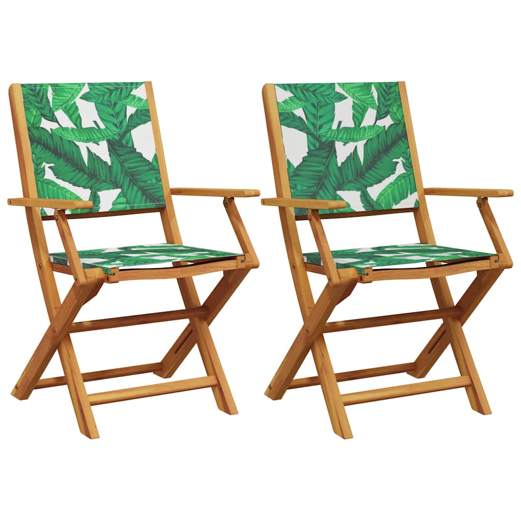 Folding Chairs Solid Wood Acacia and Fabric 2 pcs Leaf pattern