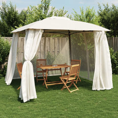 Gazebo with Double Roof and Mesh Walls Steel Cream 2.93 x 2.93 m