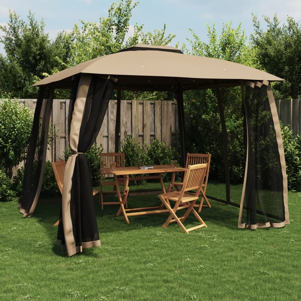 Gazebo with Double Roof and Mesh Walls Steel Taupe 2.93 x 2.93 m