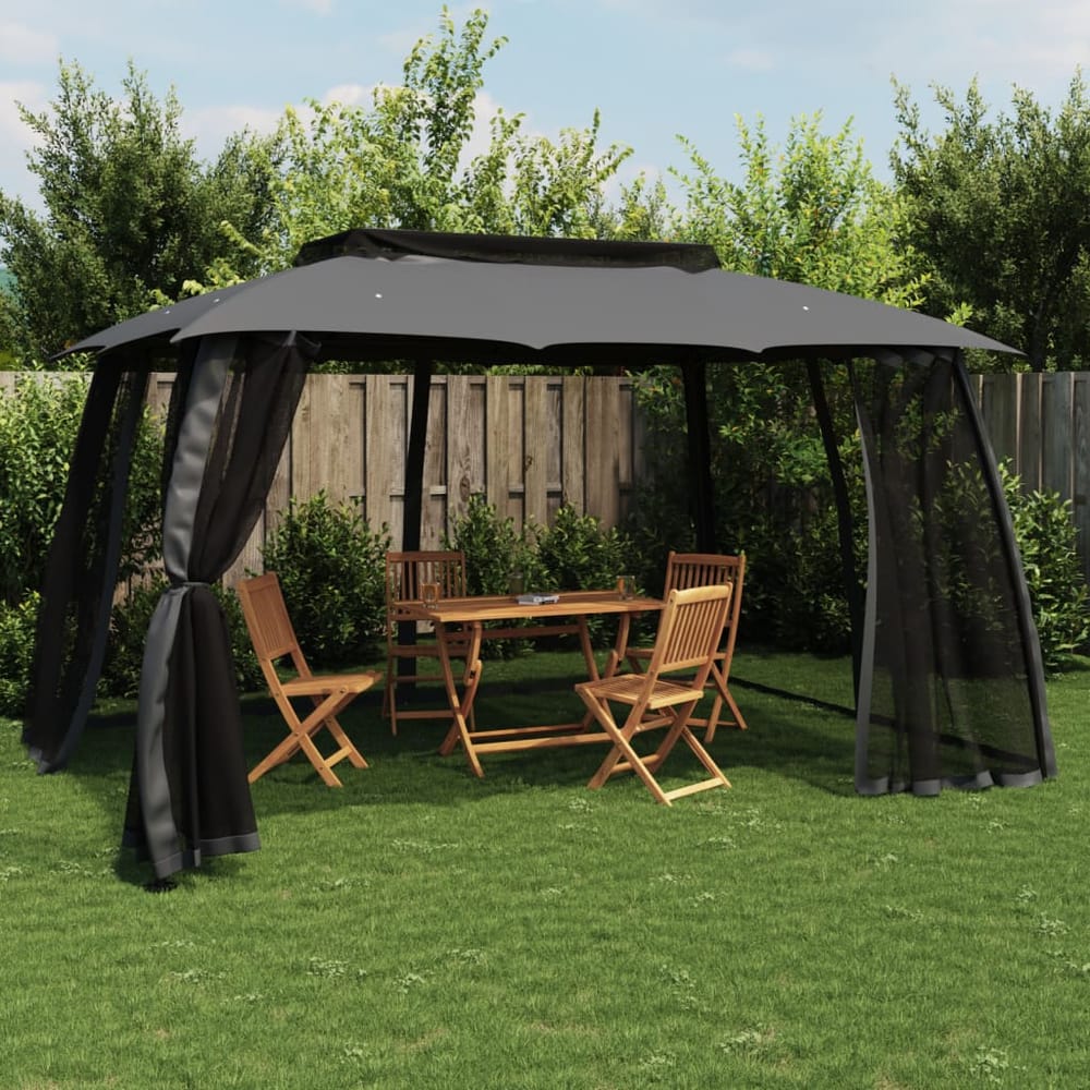 Gazebo with Double Roof and Mesh Walls Steel Anthracite 3.93 x 2.93 m