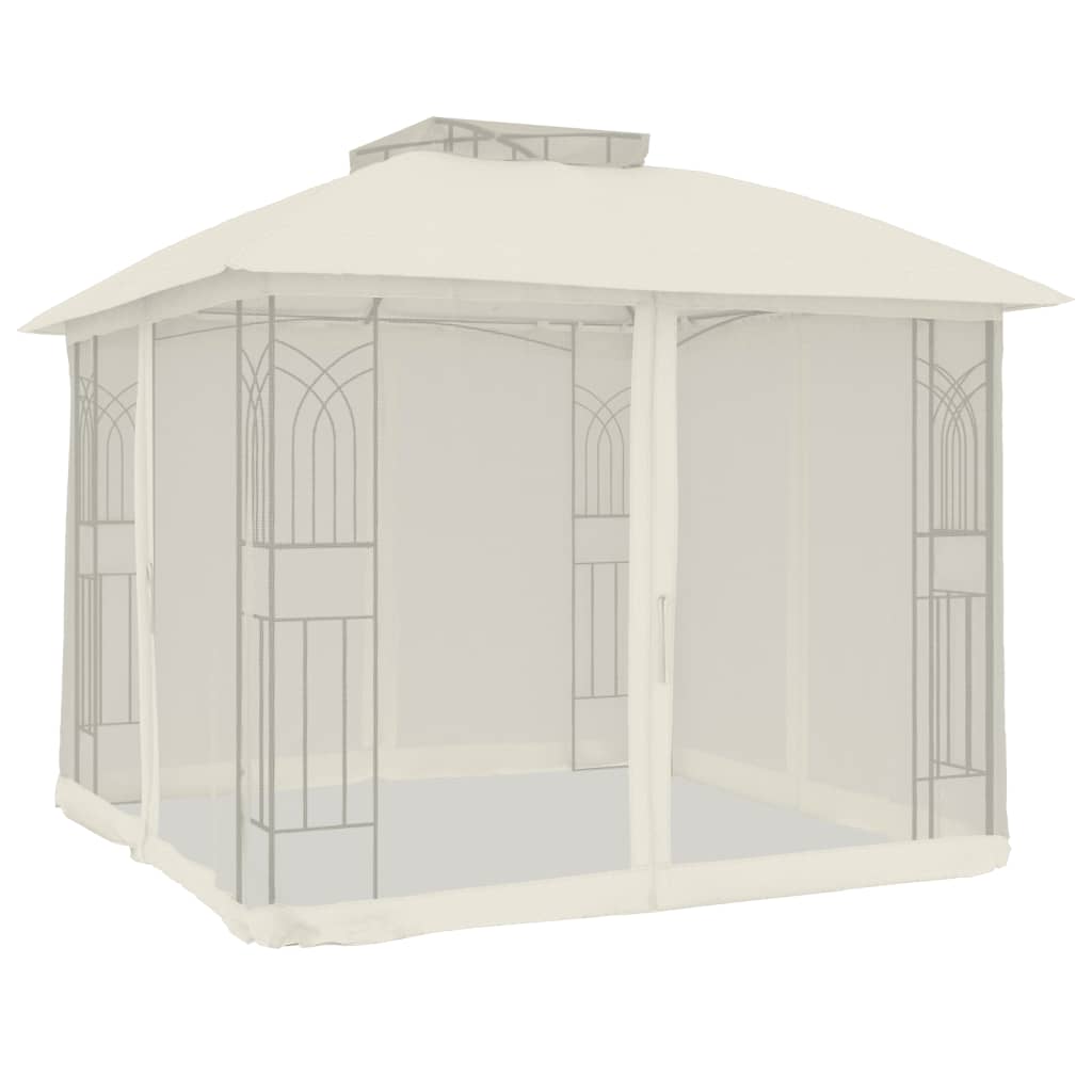 Gazebo with Double Roof and Mesh Walls 2.94x2.94 m Steel Cream