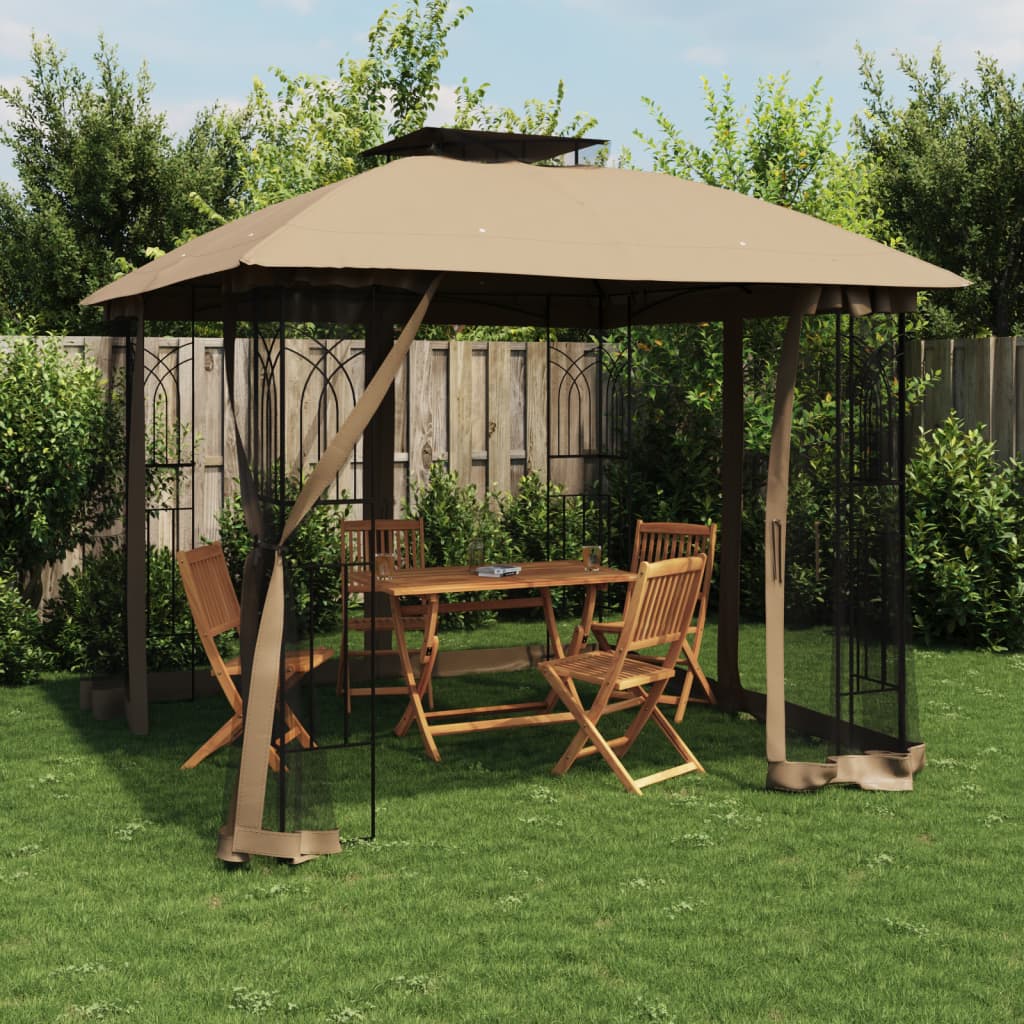 Gazebo with Double Roof and Mesh Walls 2.94x2.94 m Steel Taupe