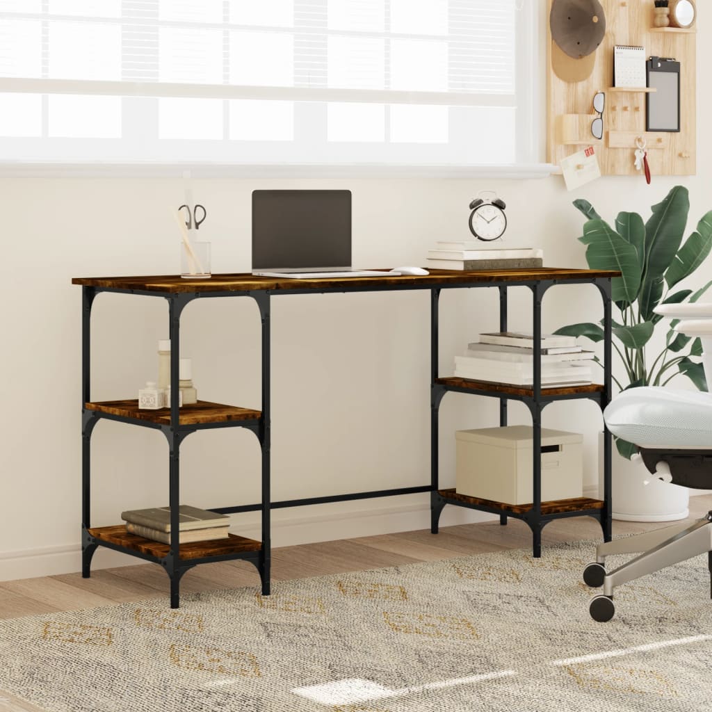 vidaXL Desk Smoked Oak 140x50x75 cm Metal and Engineered Wood 3