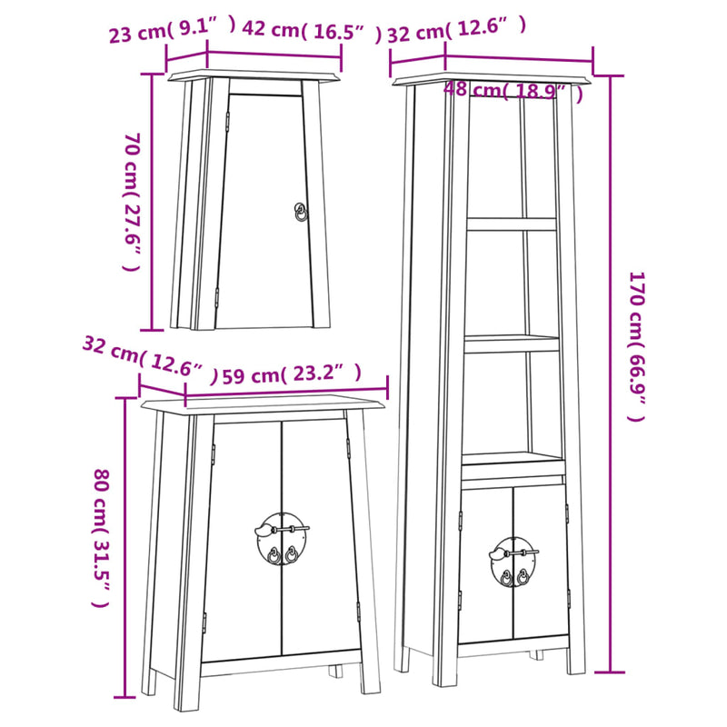 3 Piece Bathroom Furniture Set Solid Wood Pine