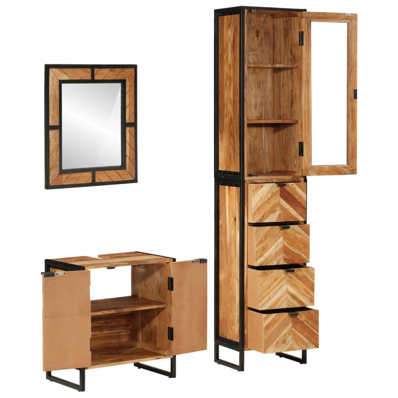 Juego de muebles de baño de 3 piezas de hierro y madera maciza de acacia