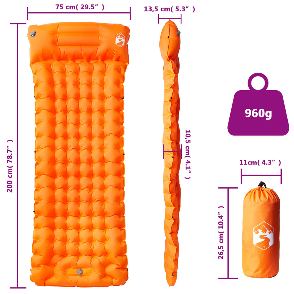 vidaXL Self Inflating Camping Mattress with Pillow 1-Person Orange 6