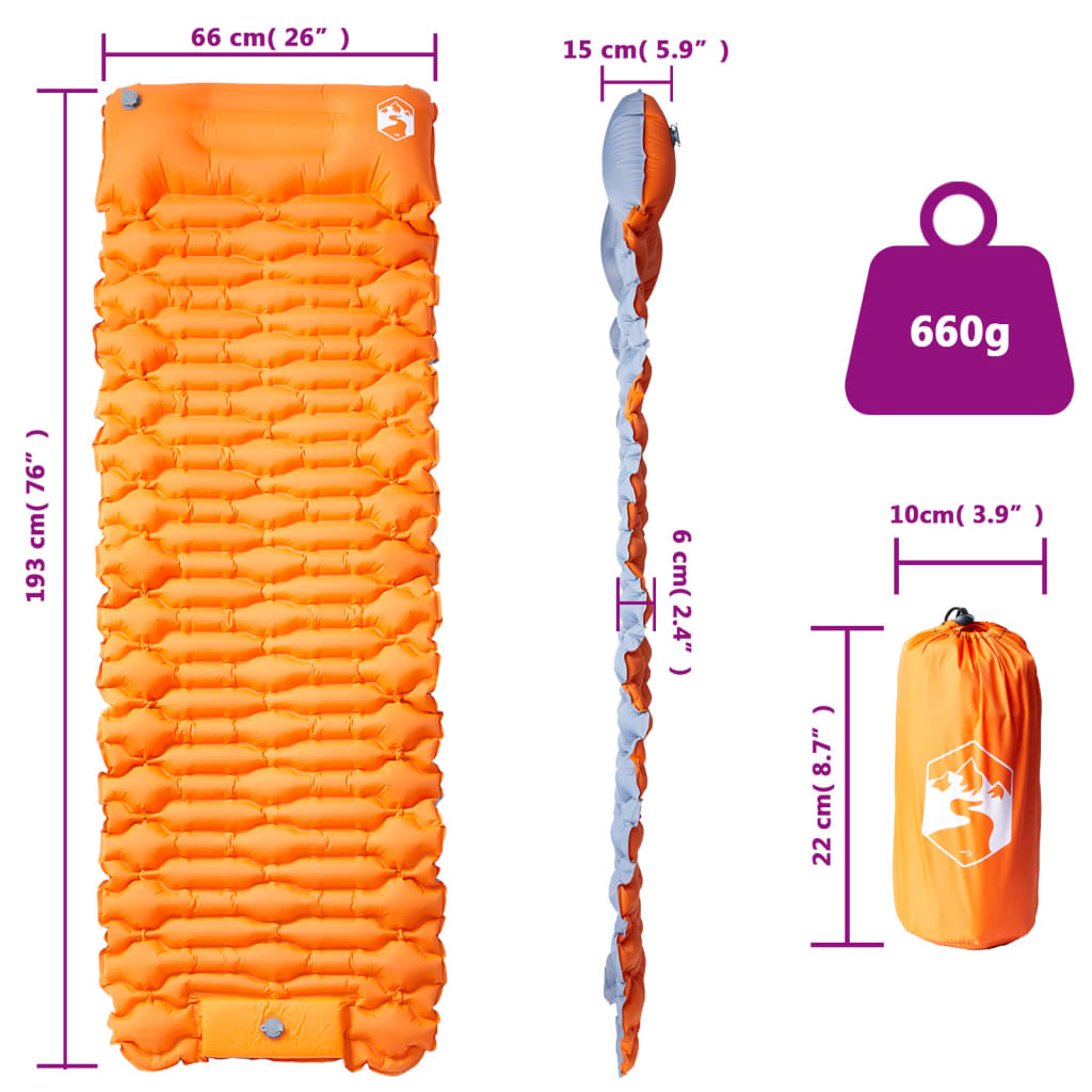 vidaXL Self Inflating Camping Mattress with Pillow 1-Person Orange 6
