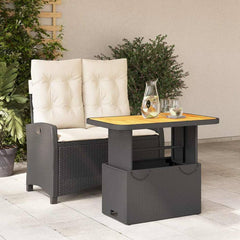 2 Piece Garden Dining Set with Cushions Black Poly Rattan 90 cm table length