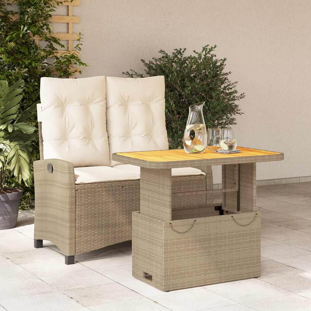 2 Piece Garden Dining Set with Cushions Beige Poly Rattan 90 cm table length