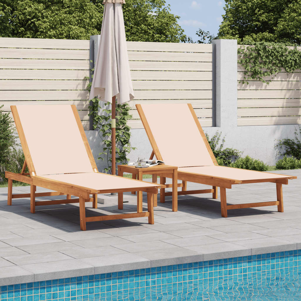 Sun Loungers 2 pcs Solid Wood Acacia and Textilene Cream 2x sun lounger + table