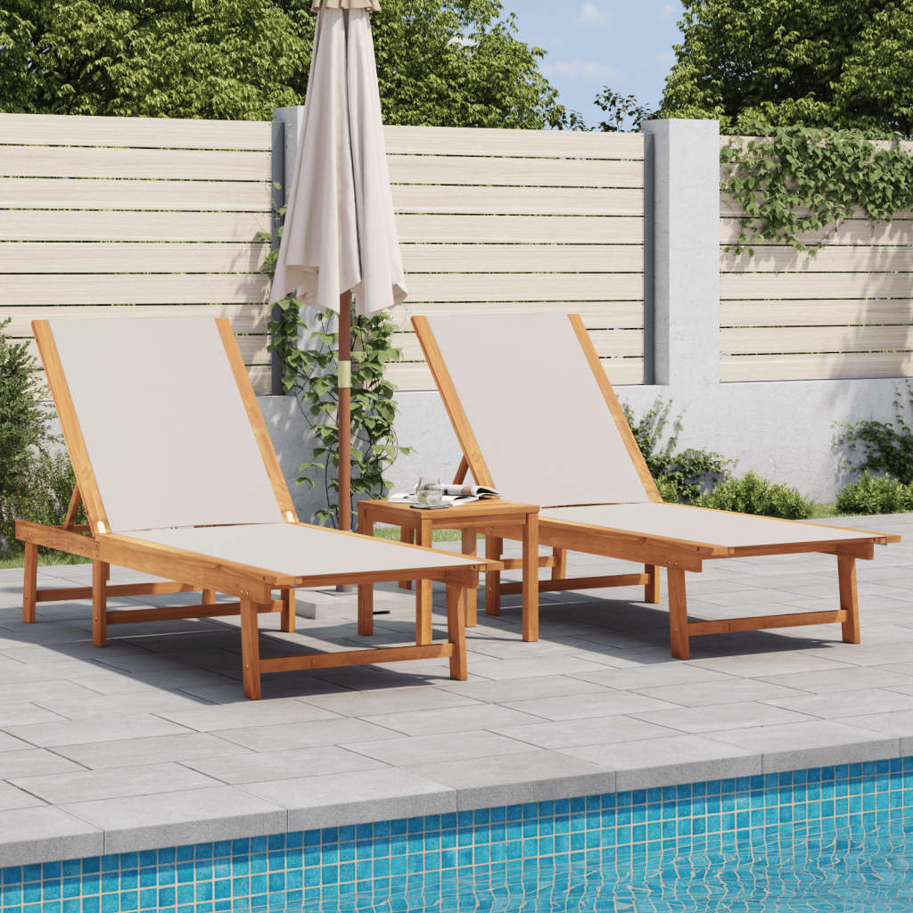Sun Loungers 2 pcs Solid Wood Acacia and Textilene Grey 2x sun lounger + table