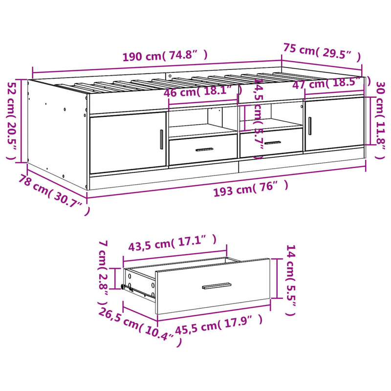 Daybed with Drawers Sonoma Oak 75x190 cm Engineered Wood