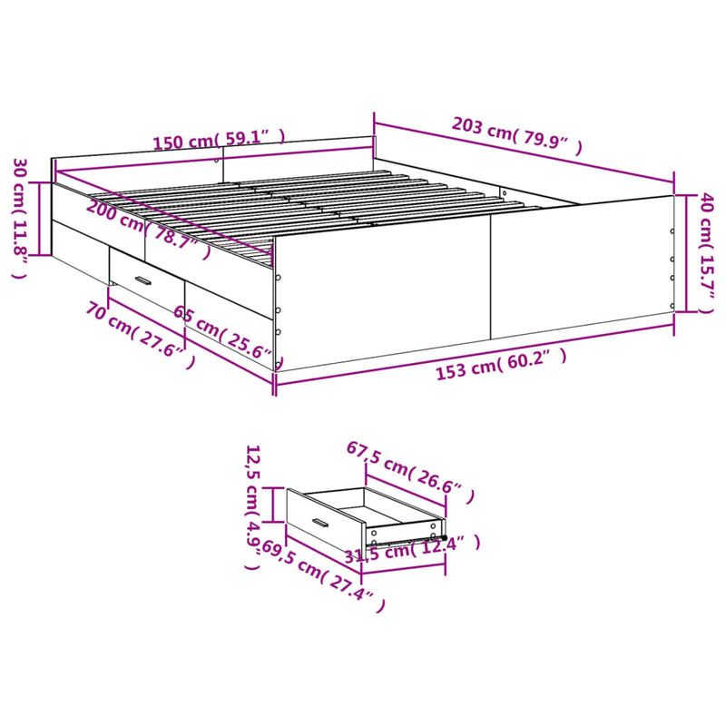 Bed Frame with Drawers White 150x200 cm King Size Engineered Wood