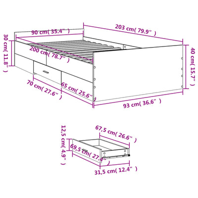 Bed Frame with Drawers White 90x200 cm Engineered Wood