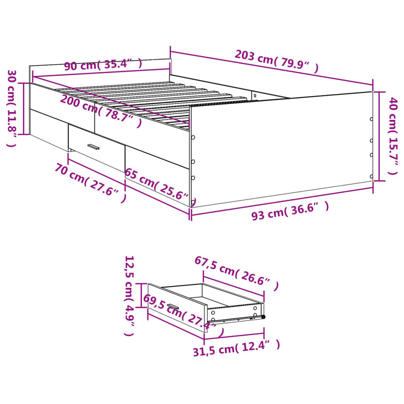 Bed Frame with Drawers White 90x200 cm Engineered Wood