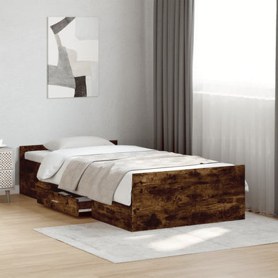 Bed Frame with Drawers Smoked Oak 90x200 cm Engineered Wood