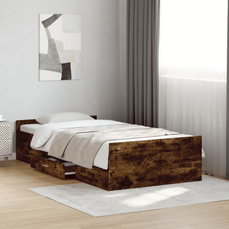 Bed Frame with Drawers Smoked Oak 90x200 cm Engineered Wood