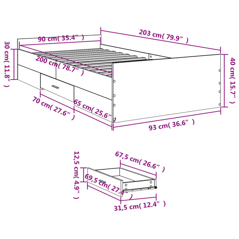 Bed Frame with Drawers Smoked Oak 90x200 cm Engineered Wood