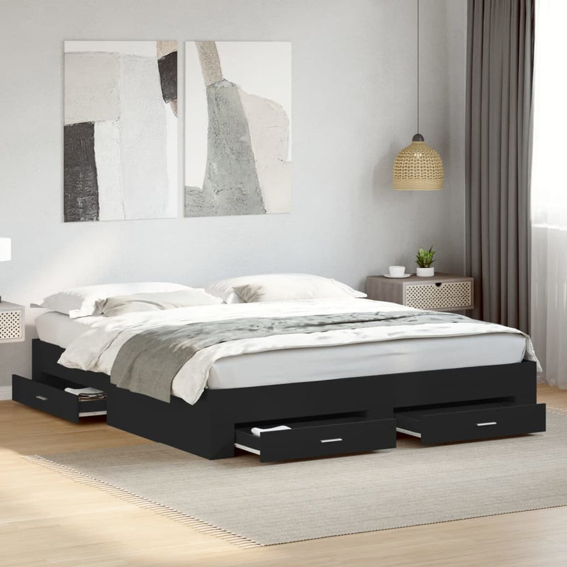 Bed Frame with Drawers Black 200x200 cm Engineered Wood