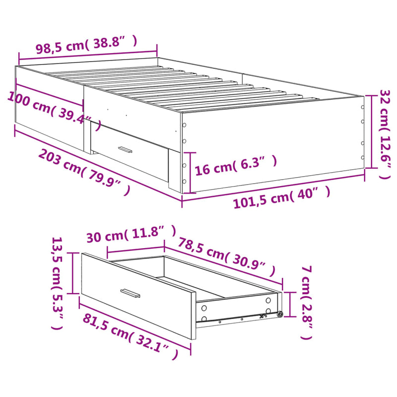 Bed Frame with Drawers Black 100x200 cm Engineered Wood