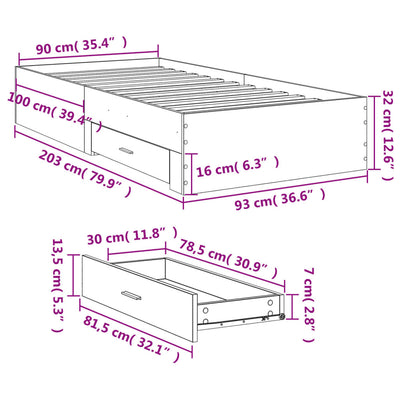 Bed Frame with Drawers Black 90x200 cm Engineered Wood