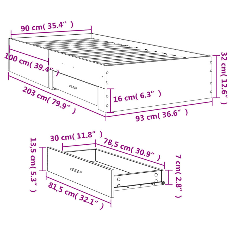 Bed Frame with Drawers Black 90x200 cm Engineered Wood