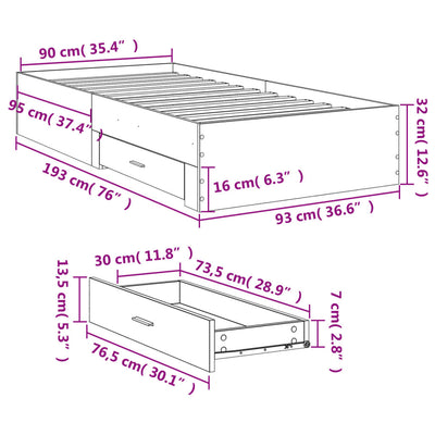 Bed Frame with Drawers White 90x190 cm Single Engineered Wood