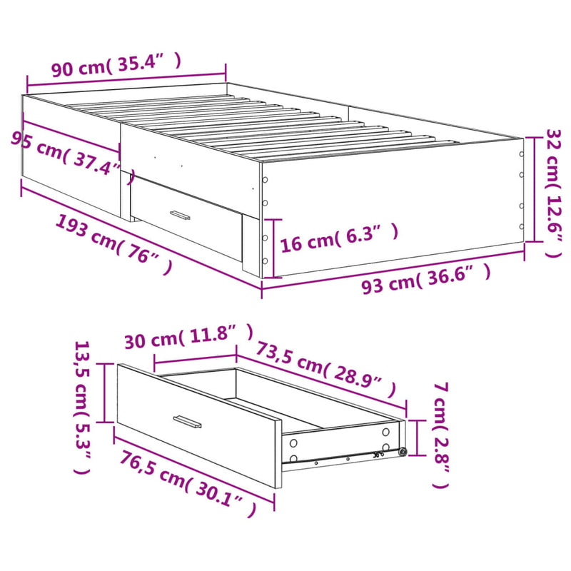 Bed Frame with Drawers White 90x190 cm Single Engineered Wood