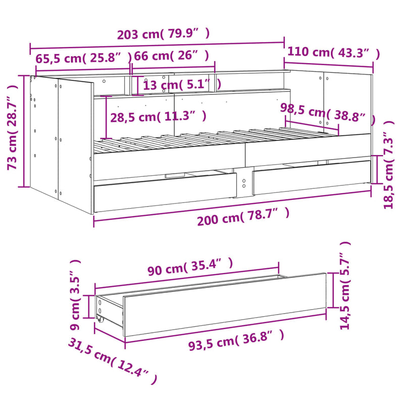 Daybed with Drawers Black 100x200 cm Engineered Wood