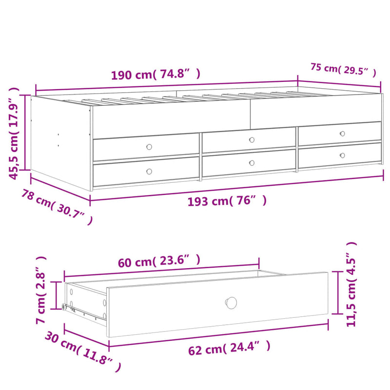 Daybed with Drawers White 75x190 cm Engineered Wood