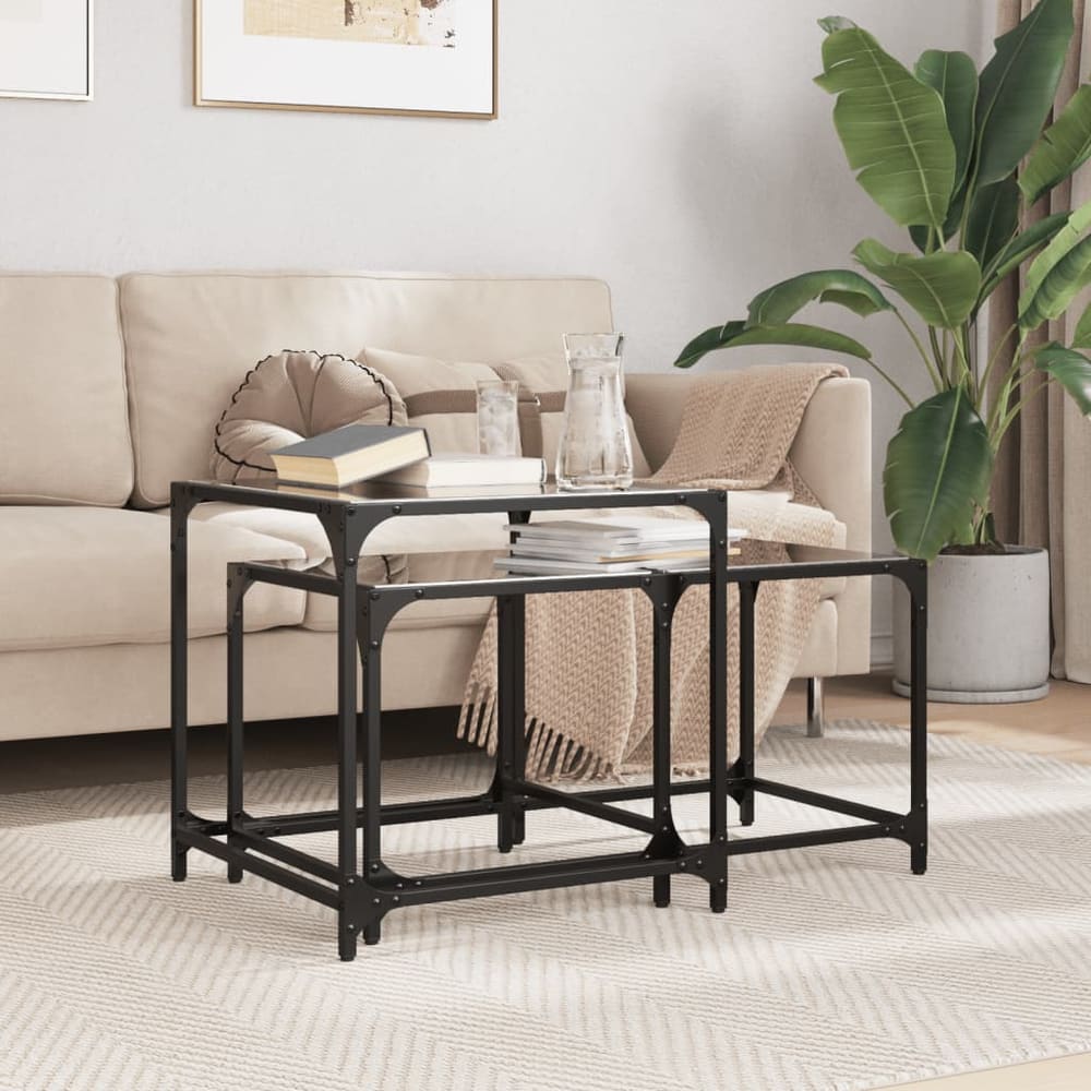 Nesting Coffee Tables 2 pcs with Glass Top Steel Black