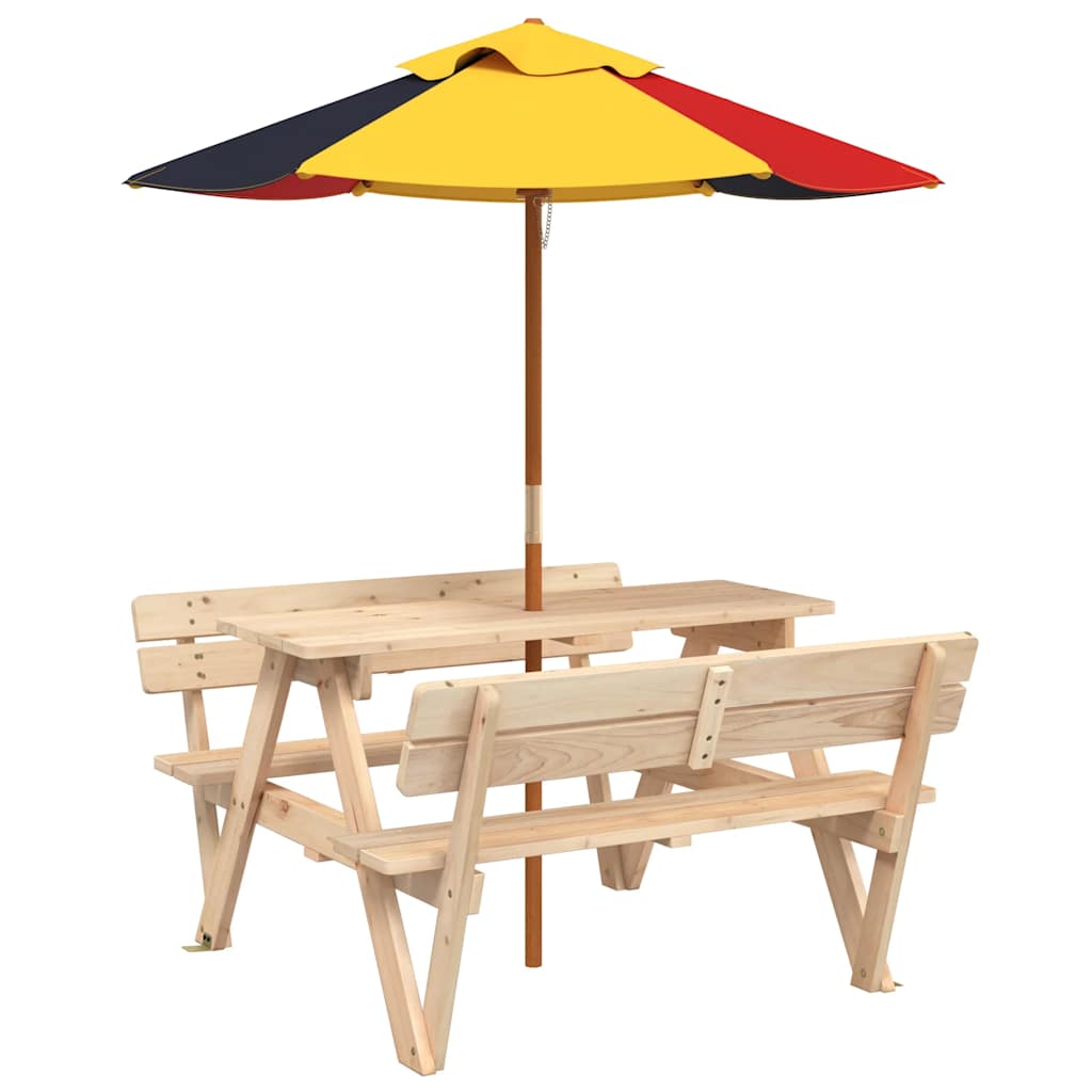 Picnic Table for 4 Kids with Umbrella Solid Wood Fir Brown and multicolour