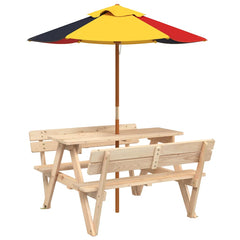 Picnic Table for 4 Kids with Umbrella Solid Wood Fir Brown and multicolour