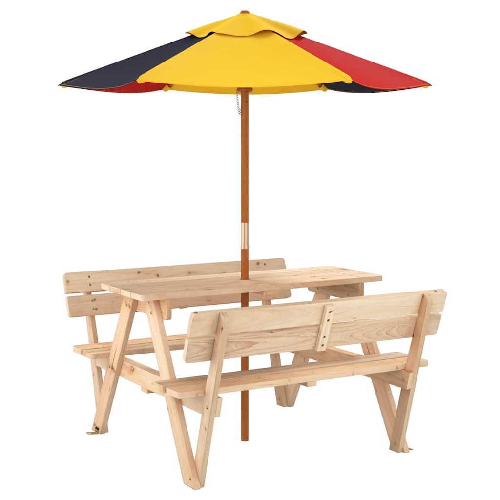 Picnic Table for 4 Kids with Umbrella Solid Wood Fir Brown and multicolour