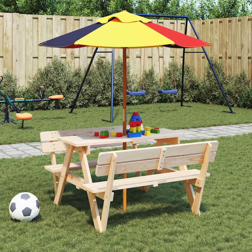 Picnic Table for 4 Kids with Umbrella Solid Wood Fir Brown and multicolour