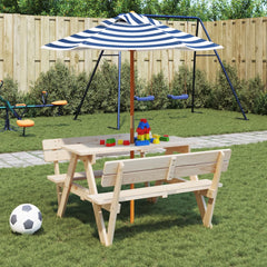Picnic Table for 4 Kids with Umbrella Solid Wood Fir Brown and blue