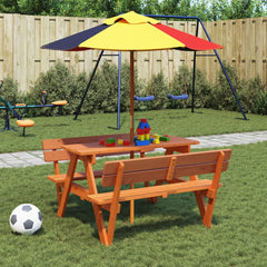 Picnic Table for 4 Kids with Umbrella Solid Wood Fir Dark brown and multicolour