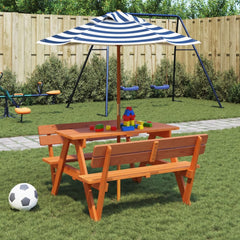 Picnic Table for 4 Kids with Umbrella Solid Wood Fir Dark brown and blue
